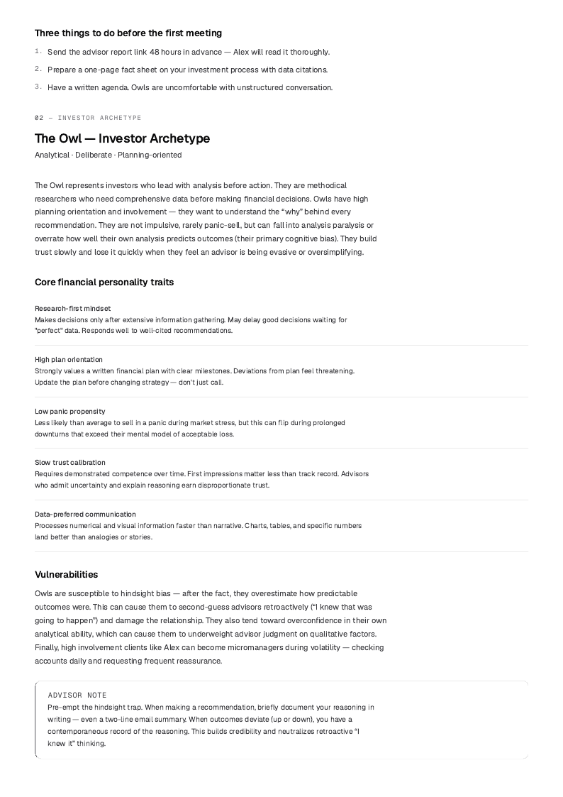 Sample report page: investor archetype and core financial personality traits