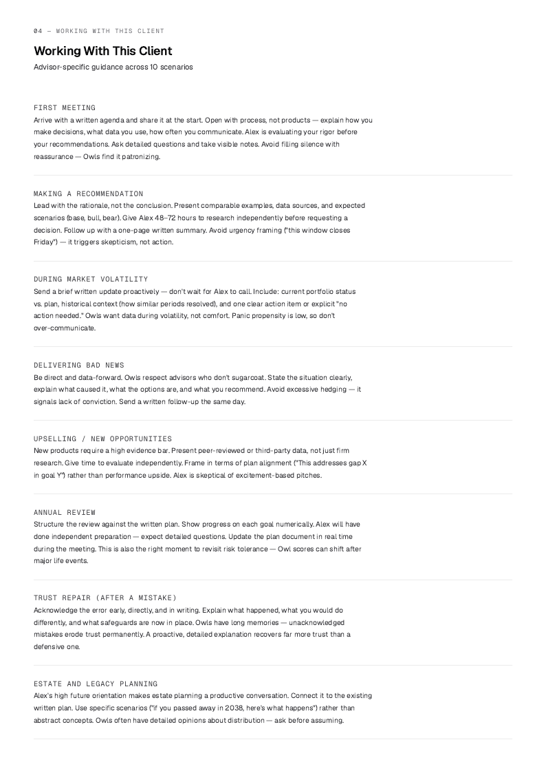 Sample report page: advisor-specific guidance for working with this client